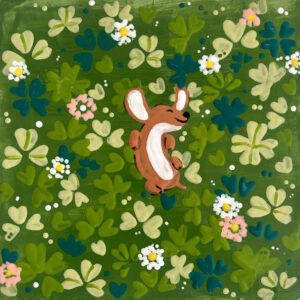 Dog rolling on clover field